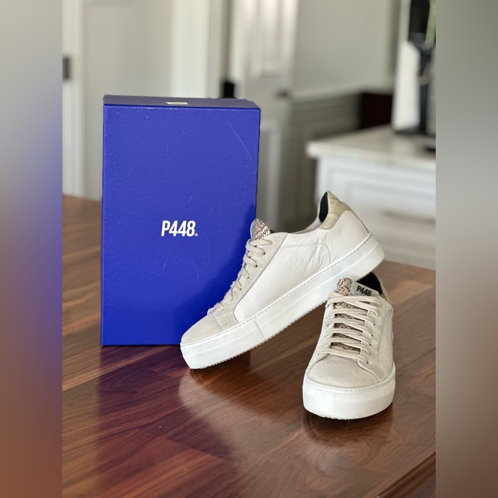 P448 White and Light Beige Suede lace up Sneakers Size 40 (US Women’s 9-9.5)